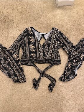 Solemio Black and Cream Printed Wrap Crop Top with Tie Waist